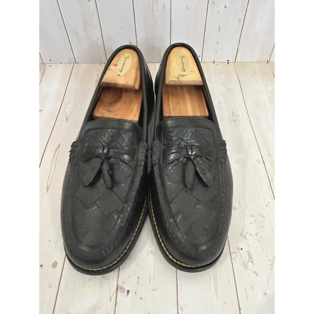 H.S. TRASK Men's Black Leather Basket Weave Tassel Loafer Slip On Size 9.5‎ M